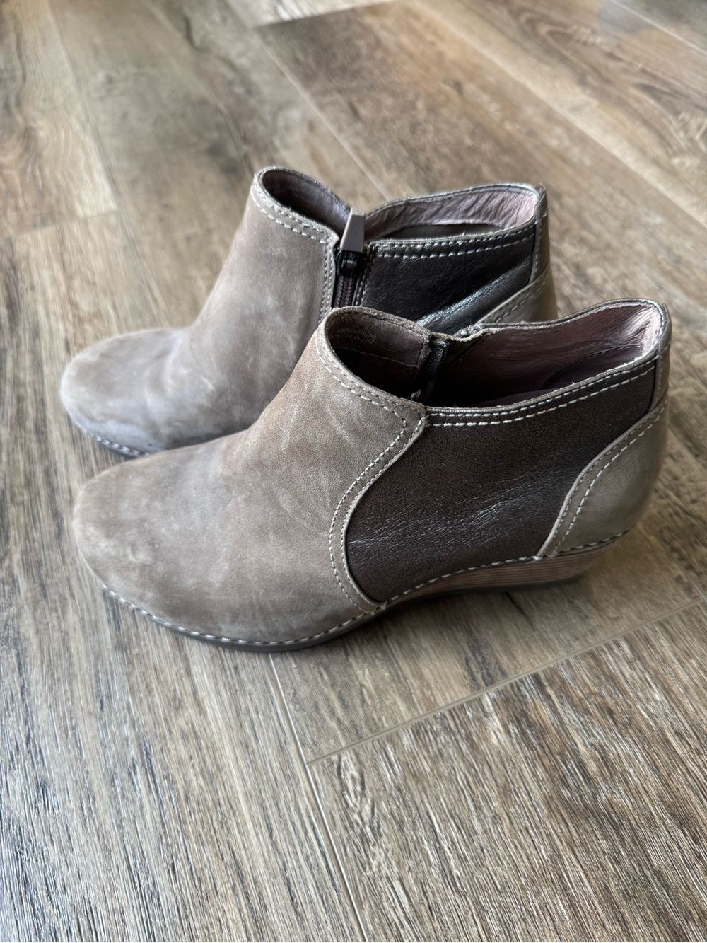 Dansko Taupe and Dark Brown Suede Leather Ankle Booties